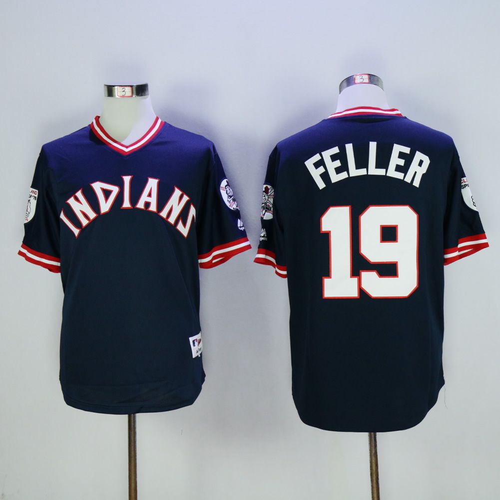 Men Cleveland Indians #19 Feller Blue Throwback MLB Jerseys